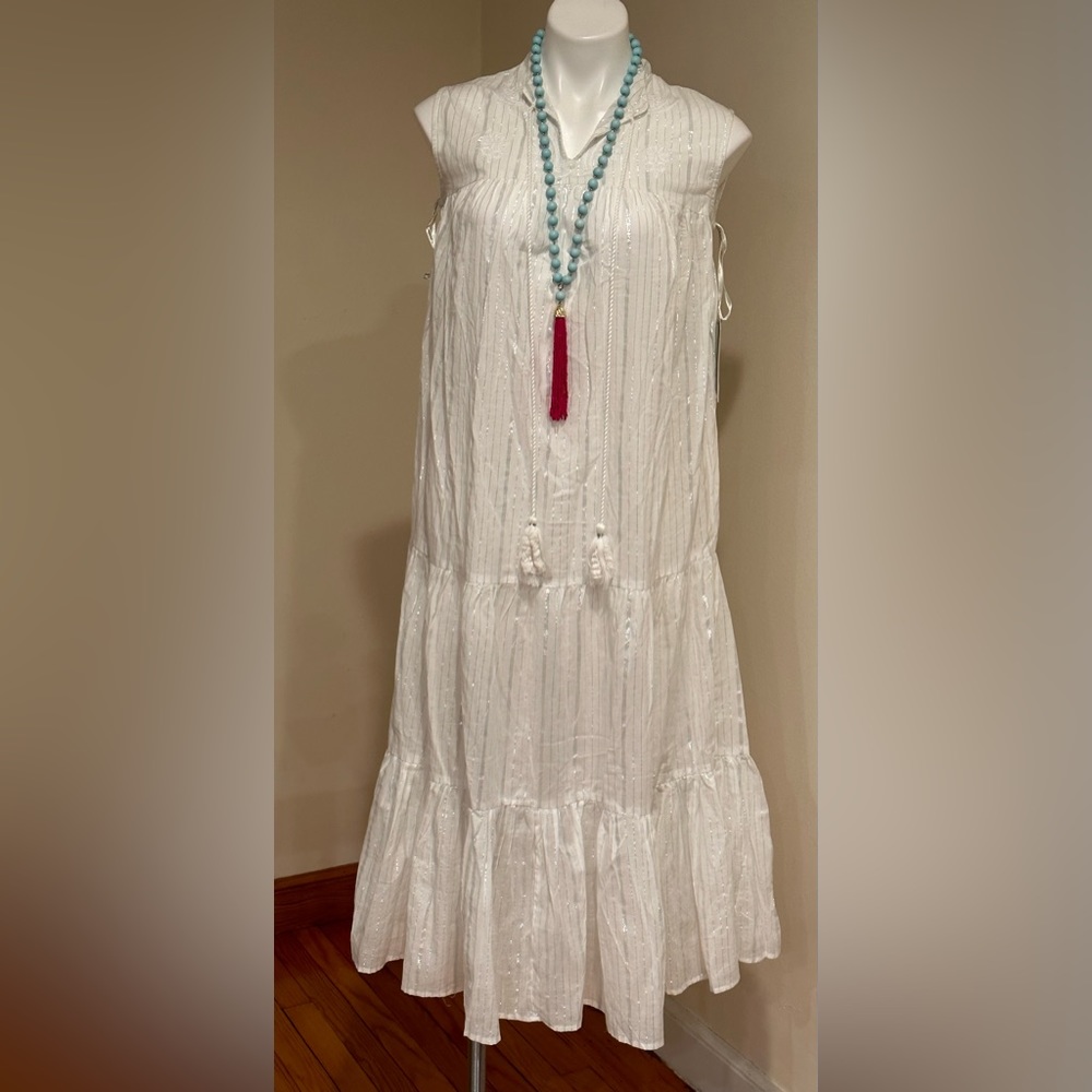 True Destinations Resort NWT White Silver Sheer Cover Up /Dress SZ XS 95% Cotton